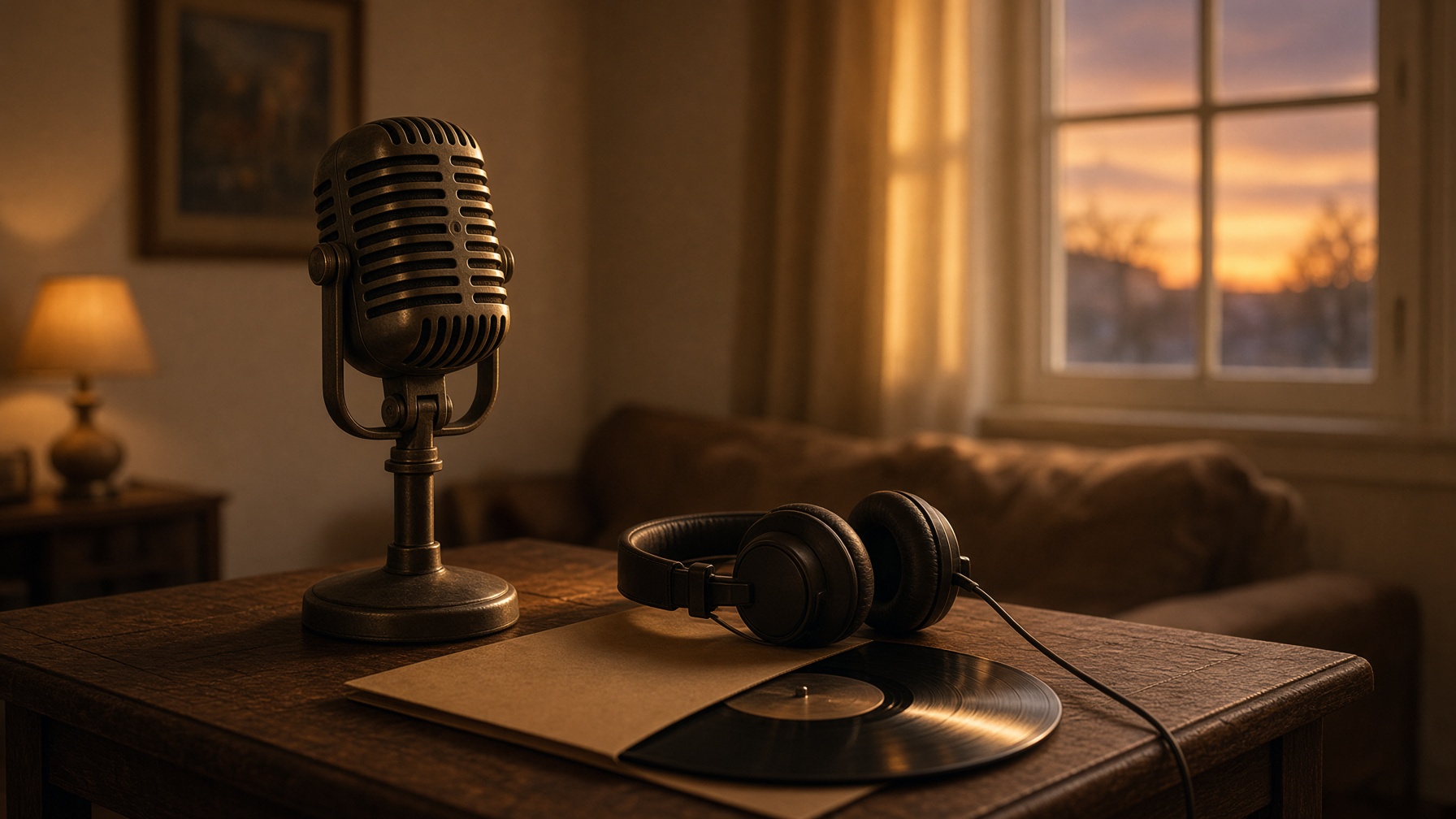 A microphone, headphones, and a vinyl record in warm evening light
