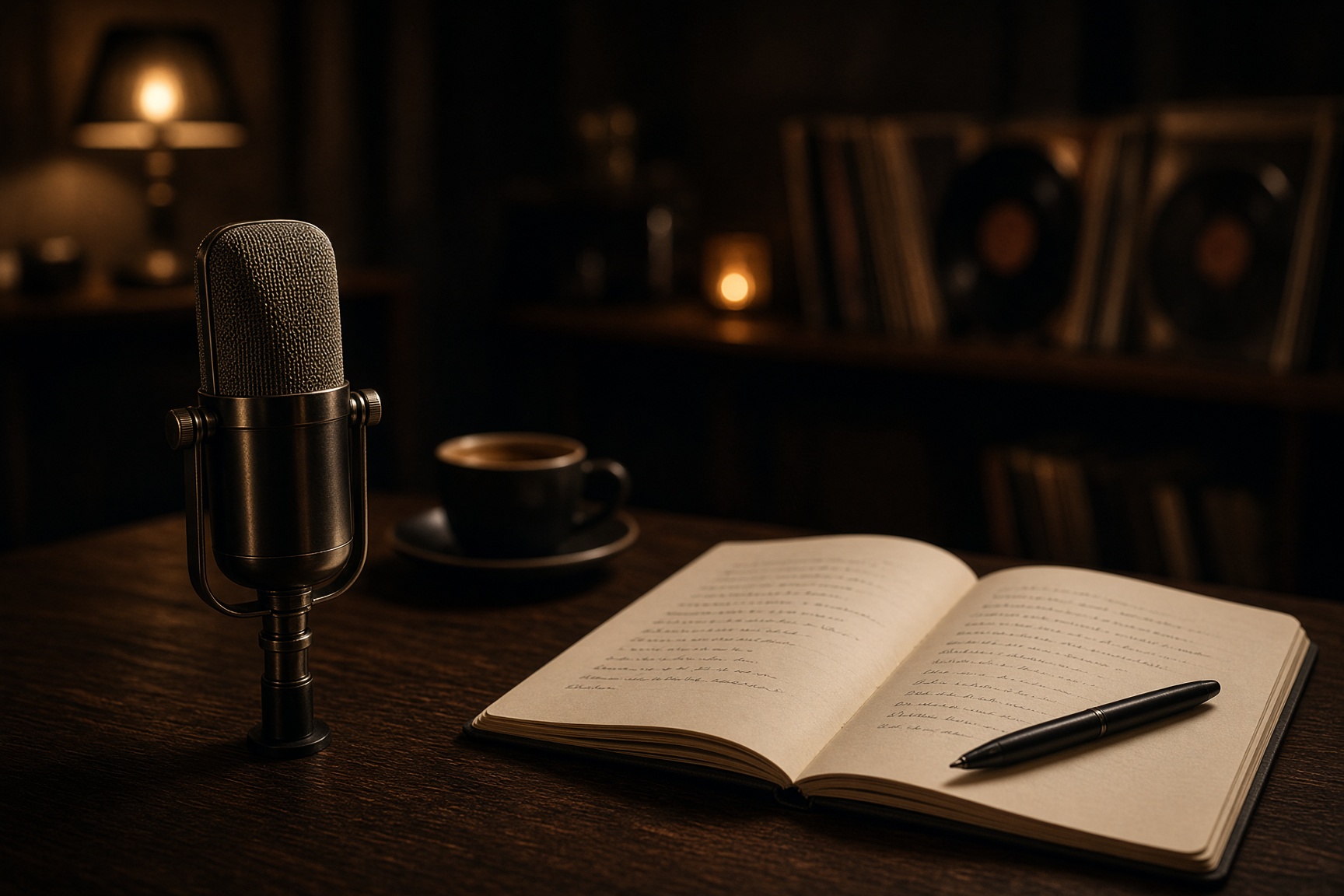 A microphone in warm studio light